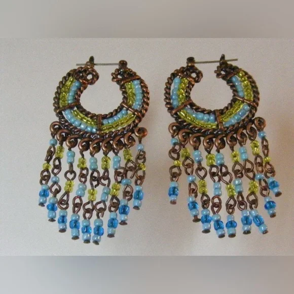 Vintage Southwest Turquoise Bead Hoops Dangle Earrings Chandelier Boho Earrings - Picture 3 of 9